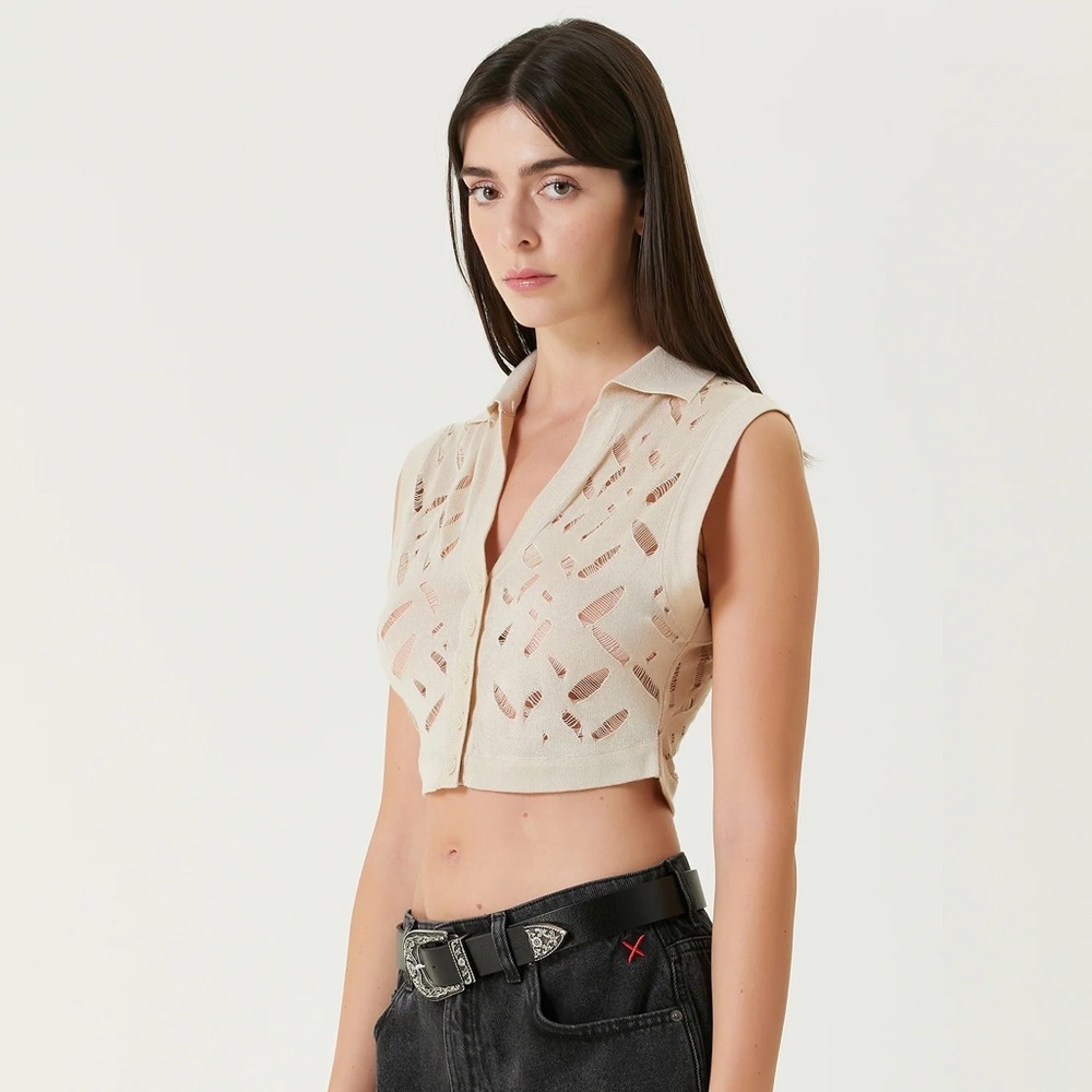 PCFG Cropped Ripped Knit Top in Fog
